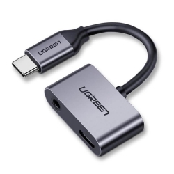 ADAPTOR Incarcare si audio Ugreen, CM193, 1 x USB Type-C(T) la 1 x USB Type-C(M) si 1 x Jack 3.5mm(M), lungime cablu 10 cm, gri